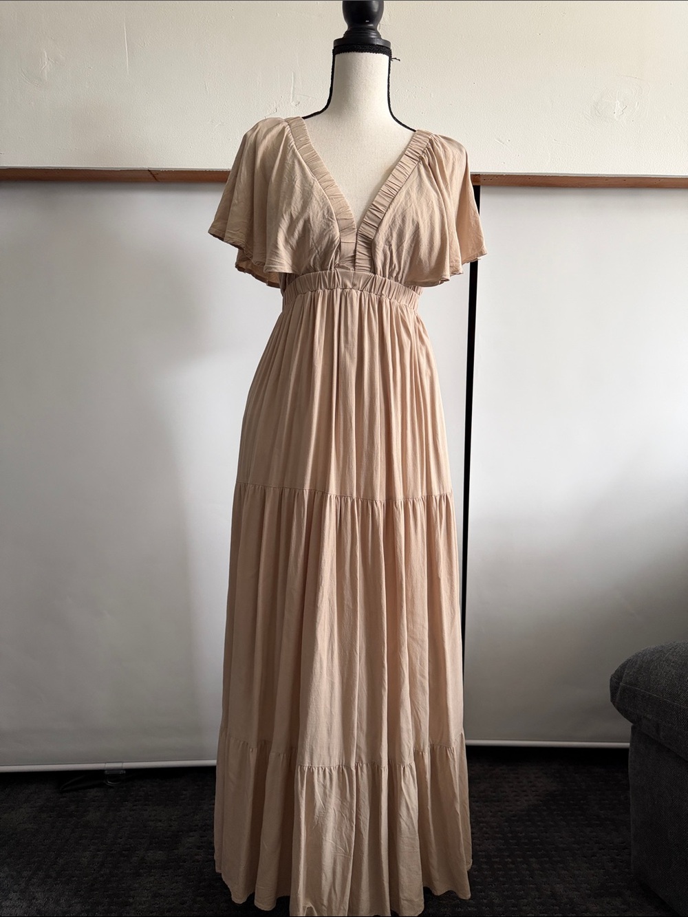 Boho Cream Maxi Dress with V-Neck and Flutter Sleeves